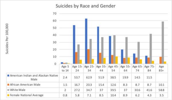 Graph showing suicides per 100,000 people by race and gender for 2017. Source: CDC. (Courtesy David Brown)