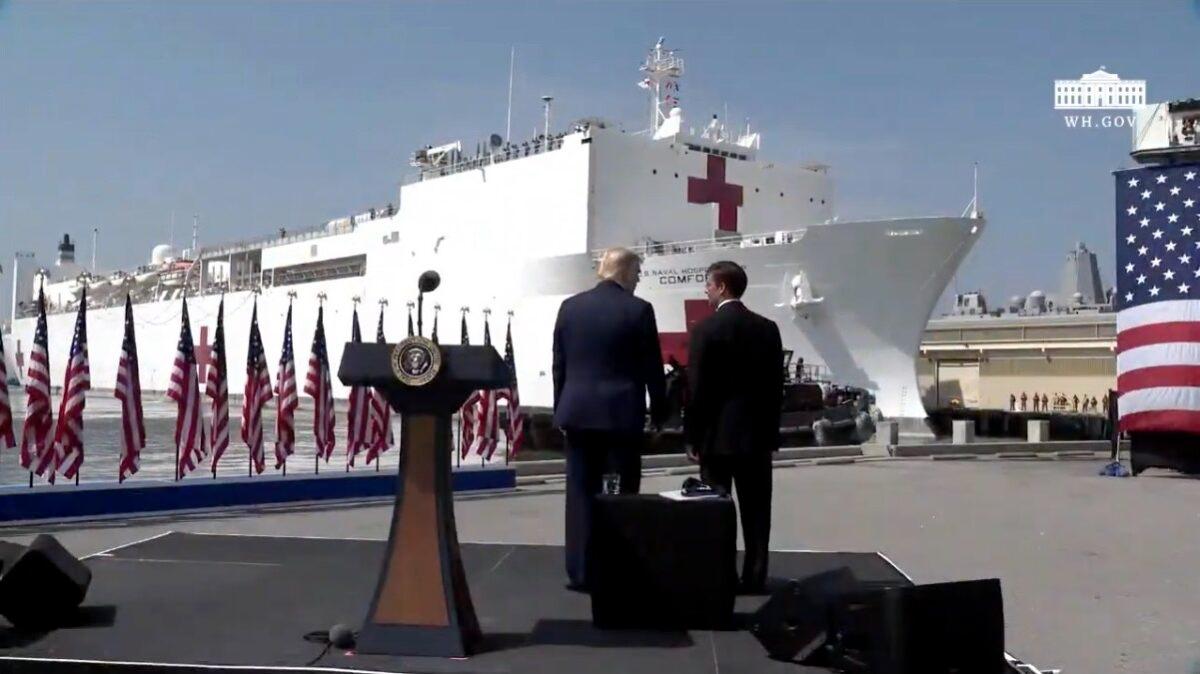 President Donald Trump and Defense Secretary Mark Esper watch as the U.S. Naval Hospital Ship Comfort leaves Naval Station Norfolk, on March 28, 2020. (Screenshot via White House/YouTube)