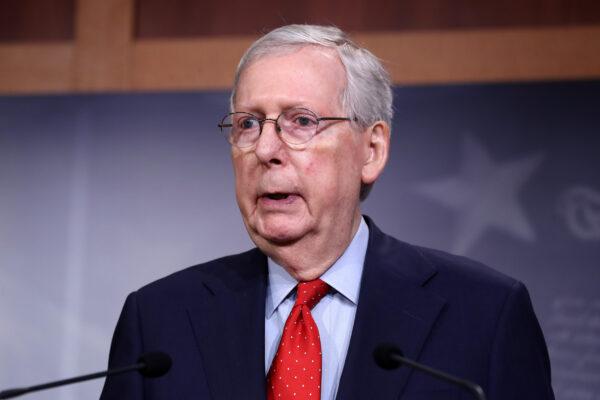 Senate Majority Leader Sen. Mitch McConnell (R-Ky.) speaks during a news briefing at the U.S. Capitol in Washington on April 21, 2020. (Chip Somodevilla/Getty Images)