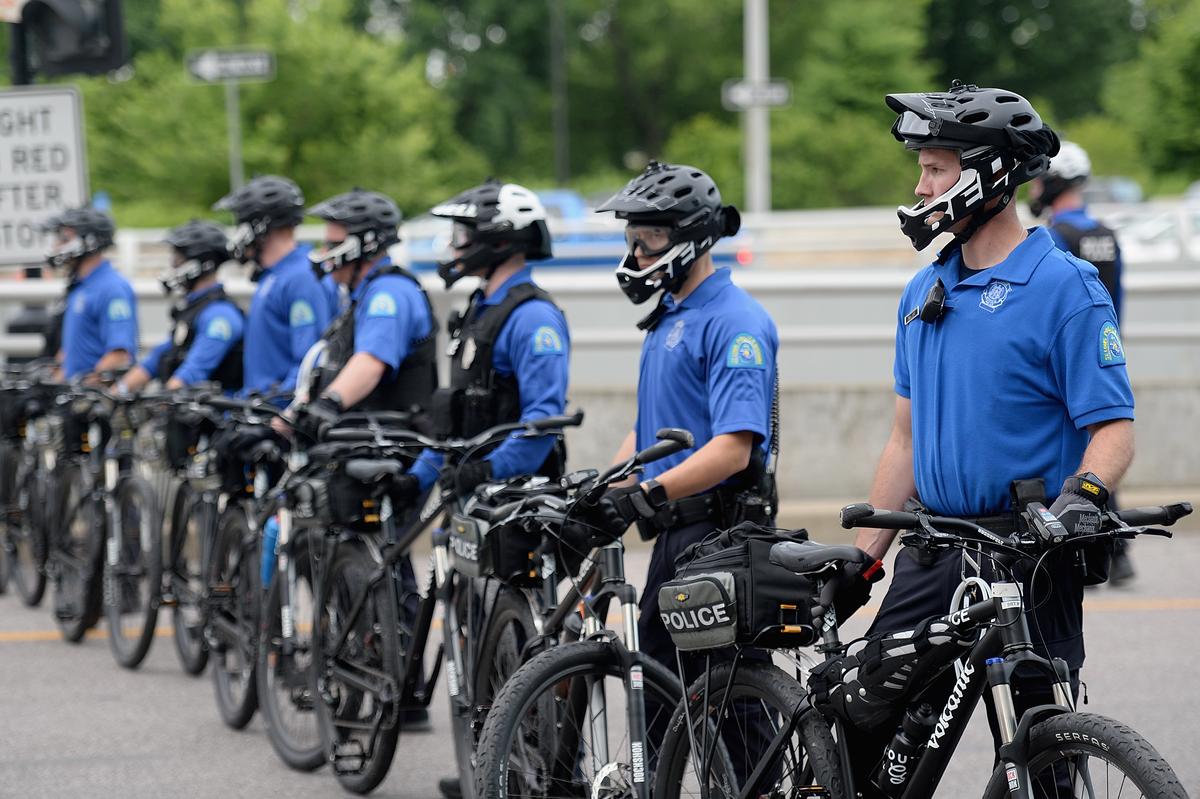 St. Louis City Bike Patrol Officers mobilize as protesters demonstrate against police brutality and the death of George Floyd through downtown St. Louis in St Louis, Mo.. on June 1, 2020. (Michael B. Thomas/Getty Images)
