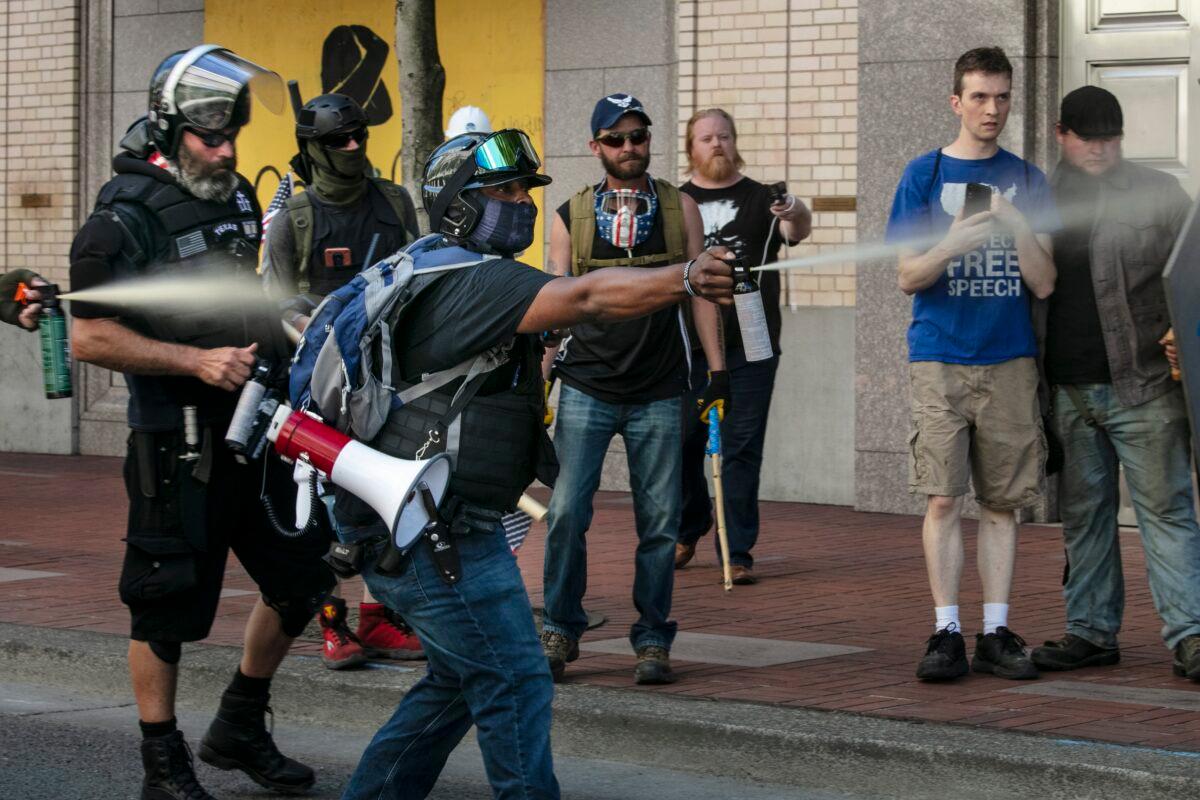 The Proud Boys group faces off with Black Lives Matter activists in Portland, Ore., on Aug. 15, 2020. (Paula Bronstein/Getty Images)