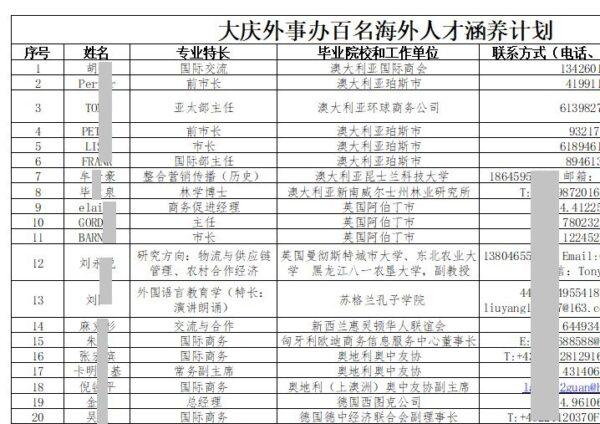 A section of the list maintained by the Daqing city government's Foreign Affairs Office, redacted to protect identities. (Provided to The Epoch Times)