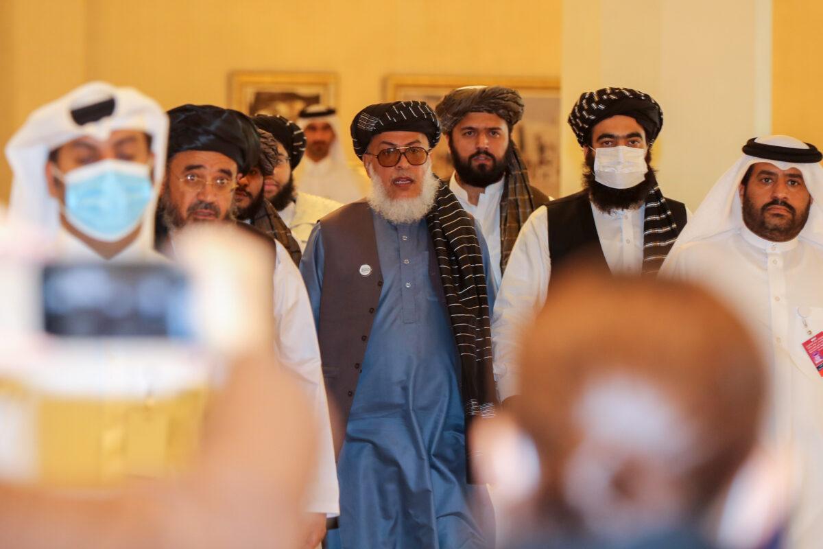 Taliban negotiator Abbas Stanikzai, center, arrives for the opening session of the peace talks between the Afghan government and the Taliban in the Qatari capital Doha on Sept. 12, 2020. (Karim Jaafar/AFP via Getty Images)
