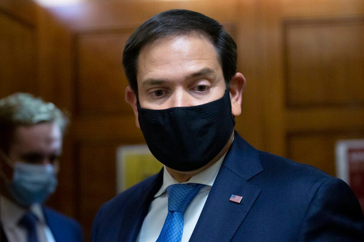 Acting Senate Intelligence Chairman March Rubio (R-Fla.) talks to reporters on Capitol Hill in Washington on Sept. 22, 2020. (Stefani Reynolds/Getty Images)
