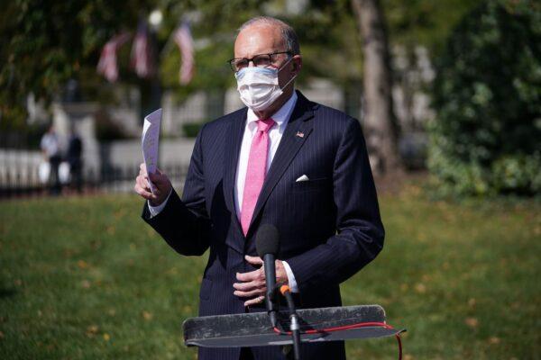 Director of the National Economic Council Larry Kudlow speaks to reporters outside of the White House in Washington, on Oct. 9, 2020. (Mandel Ngan/AFP via Getty Images)