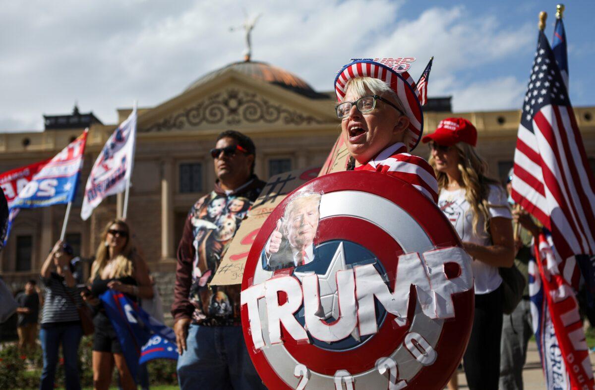 Supporters of President Donald Trump gather at a “Stop the Steal” protest in front of the Arizona State Capitol in Phoenix, Ariz., on, Nov. 7, 2020. (Jim Urquhart/Reuters)
