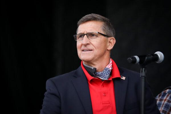 Former national security adviser Lt. Gen. Michael Flynn (Ret.) speaks at the “Let the Church ROAR” National Prayer Rally on the National Mall in Washington on Dec. 12, 2020. (Samira Bouaou/The Epoch Times)