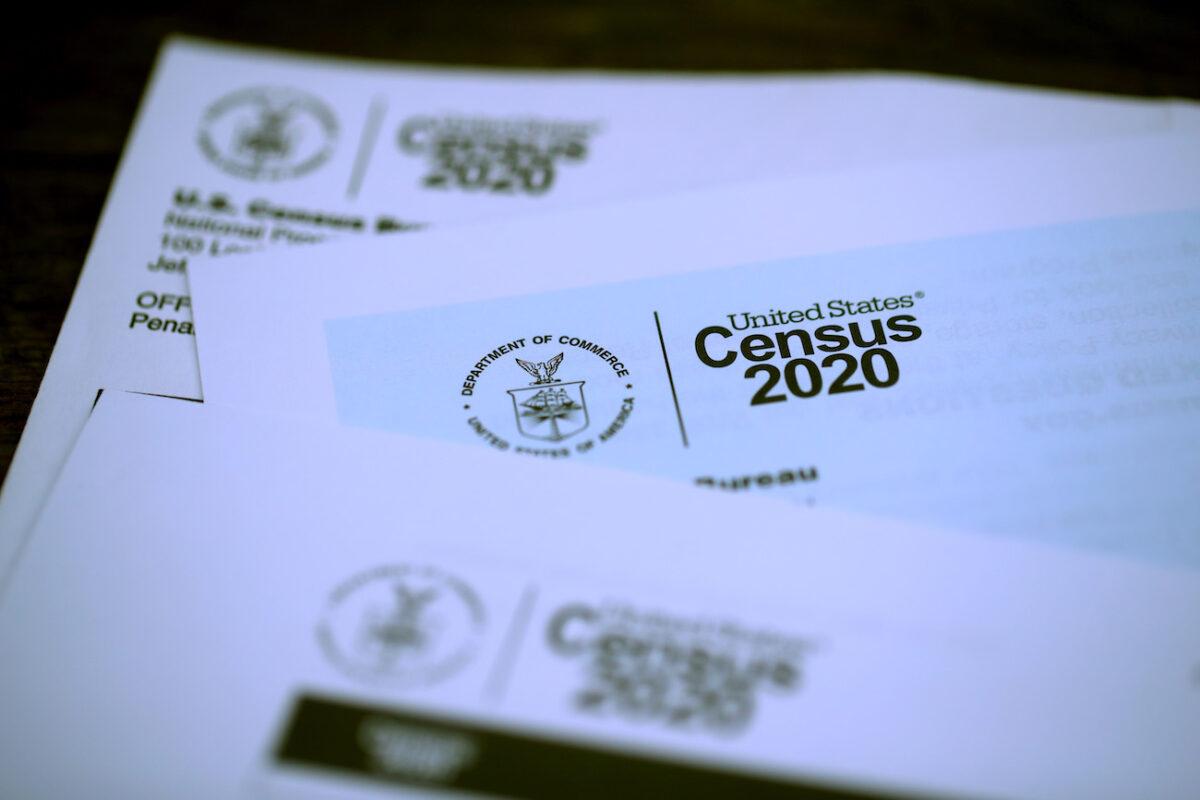 The U.S. Census logo appears on census materials received in the mail with an invitation to fill out census information online in San Anselmo, Calif., on March 19, 2020. (Justin Sullivan/Getty Images)