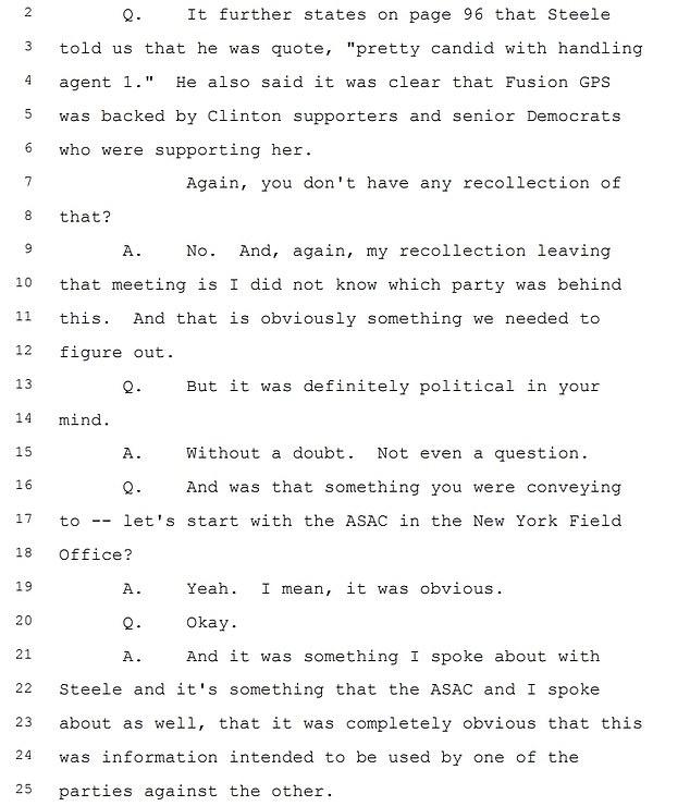 A page from a transcript of a Judiciary Committee interview with an unnamed FBI agent, released on Jan. 15, 2020. (Senate Judiciary Committee)