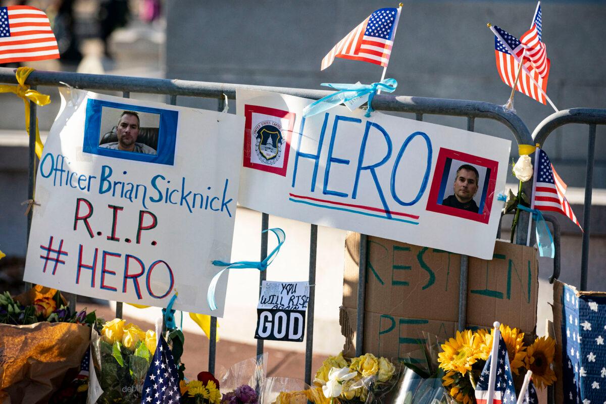 A memorial for Brian Sicknick is erected near the U.S. Capitol on January 10, 2021 in Washington, DC. (Al Drago/Getty Images)