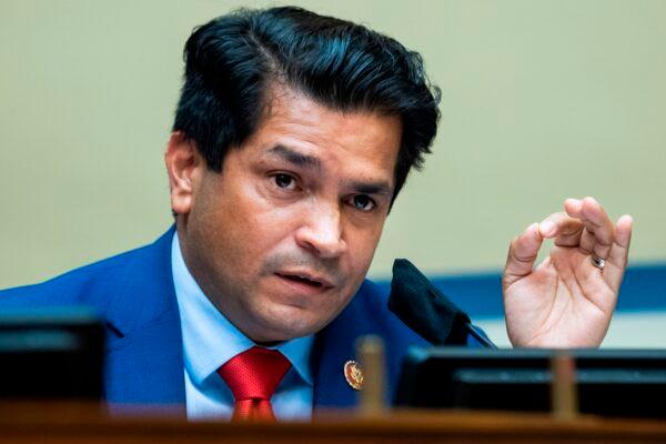 Rep. Jimmy Gomez (D-Calif.) questions Postmaster General Louis DeJoy during a House Oversight and Reform Committee hearing on Capitol Hill in Washington on Aug. 24, 2020. (Tom Williams/POOL/AFP via Getty Images)