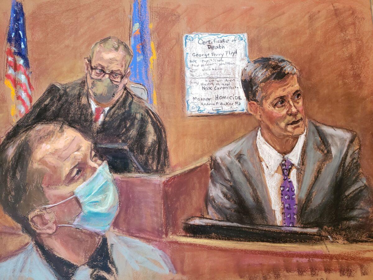 In this courtroom sketch, Hennepin County medical examiner Dr. Andrew Baker testifies as Judge Peter Cahill, top left, and former Minneapolis police officer Derek Chauvin listen, on the 10th day of the trial of Chauvin for second-degree murder, third-degree murder, and second-degree manslaughter in the death of George Floyd in Minneapolis, Minn., on April 9, 2021. (Jane Rosenberg/Reuters)