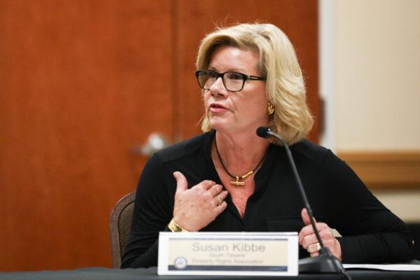 Susan Kibbe, executive director of the South Texas Property Rights Association, at a roundtable in McAllen, Texas, on April 7, 2021. (Charlotte Cuthbertson/The Epoch Times)