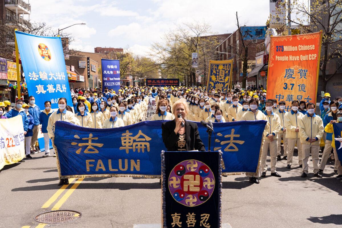 Martha Flores-Vasquez, New York State Assembly 40th district leader, speaks at a rally in Flushing, New York, on April 18, 2021, to commemorate the 22nd anniversary of the April 25th peaceful appeal of 10,000 Falun Gong practitioners in Beijing. (Samira Bouaou/The Epoch Times)