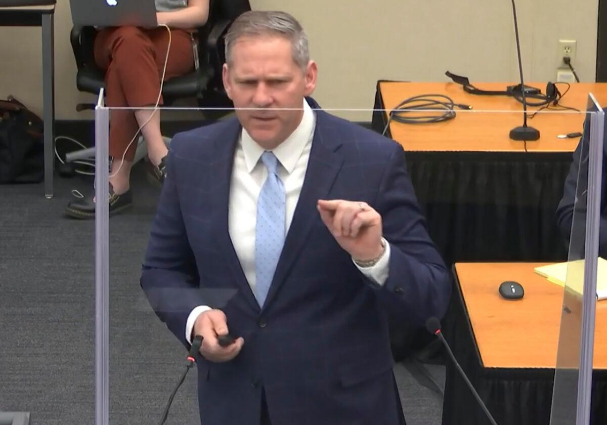 Prosecutor Steve Schleicher gives closing arguments at the Hennepin County Courthouse, Minn., on April 19, 2021. (Court TV via AP, Pool)