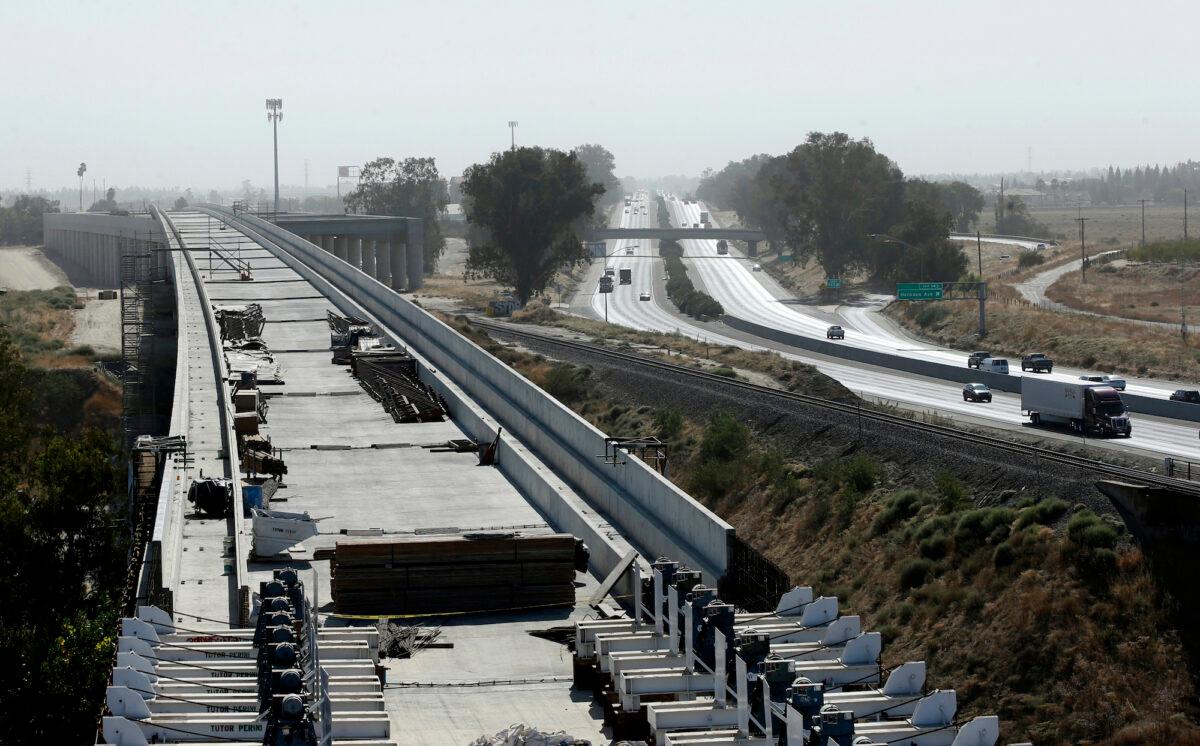A high-speed rail viaduct is seen near Fresno, Calif., on Oct. 9, 2019. (AP Photo/Rich Pedroncelli, File)
