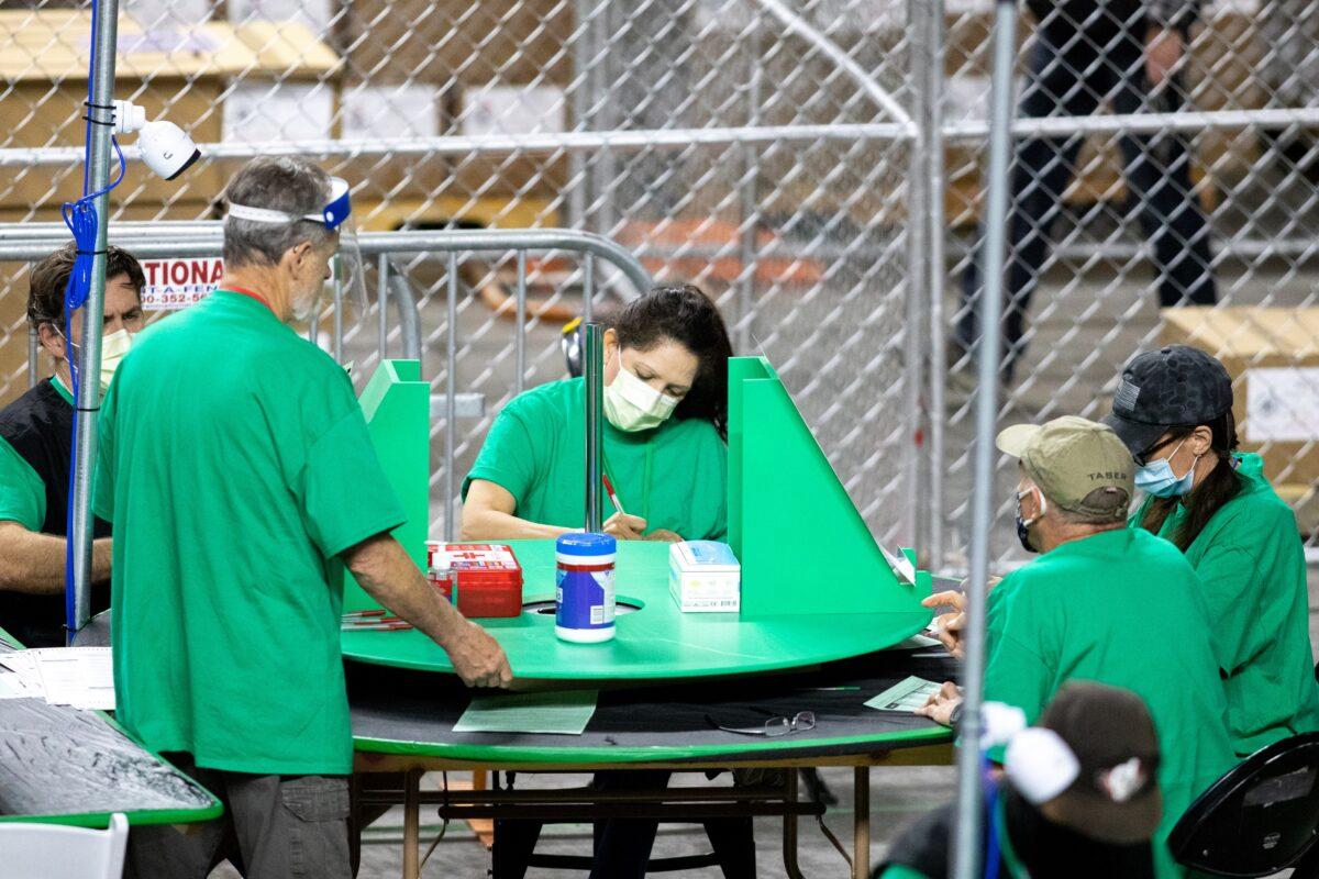 Contractors working for Cyber Ninjas, hired by the Arizona Senate, work during a 2020 election audit at Veterans Memorial Coliseum in Phoenix, Ariz., on May 1, 2021. (Courtney Pedroza/Getty Images)