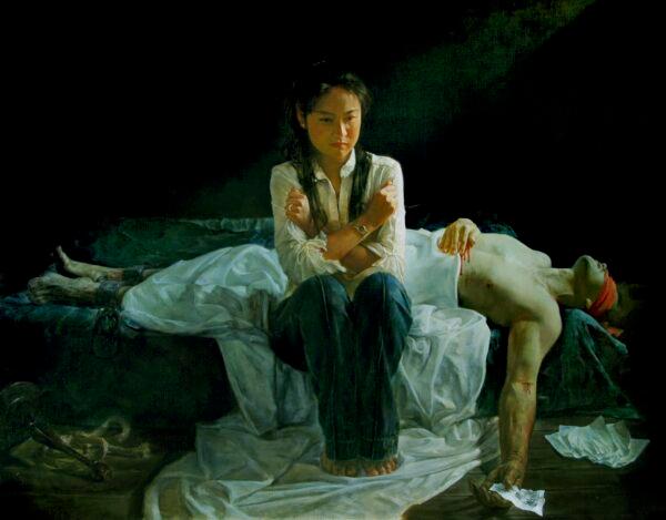 The painting “A Tragedy in China,” shows a grieving wife in front of her dead husband. She crosses her arms in a show of strength and resilience. Her tortured husband held on to his faith until the end. In his hand, he holds brainwashing papers that the Chinese regime uses to get Falun Gong practitioners to renounce their faith. (The Art of Zhen Shan Ren)