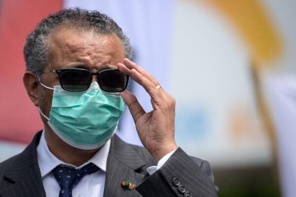 World Health Organization (WHO) director-general Tedros Adhanom Ghebreyesus adjusts his glasses during a meetin in front of the WHO headquarters in Geneva on May 29, 2021. (Fabrice Coffrini/AFP via Getty Images)