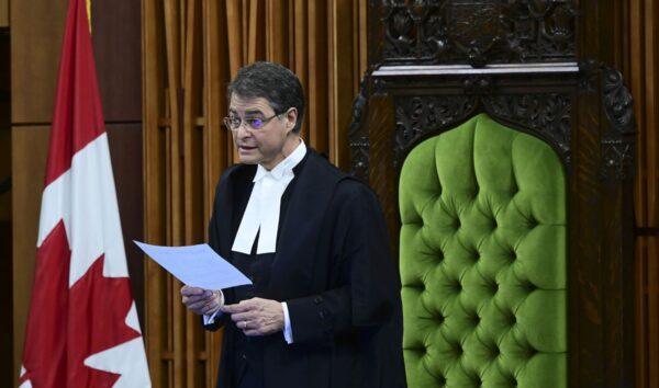 House Speaker Anthony Rota admonishes Public Health Agency of Canada President Iain Stewart in the House of Commons on June 21, 2021, for failing to provide documents related to the firing of two scientists from the National Microbiology Laboratory in Winnipeg. (The Canadian Press/Sean Kilpatrick)