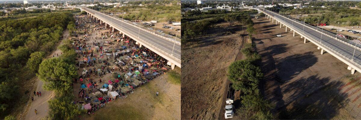 This combination of photographs shows the Del Rio International Bridge in Del Rio, Texas. On the left, a camp of illegal immigrants is seen on Sept. 21, 2021; on the right, the same area after it was cleared, on Sept. 25, 2021. (Julio Cortez/AP Photo)