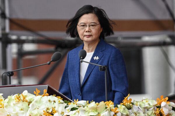 Taiwan's President Tsai Ing-wen speaks during national day celebrations in front of the Presidential Palace in Taipei, Taiwan, on Oct. 10, 2021. (Sam Yeh/AFP via Getty Images)