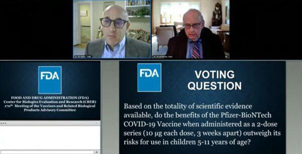 In this image from video, Dr. Eric Rubin, left, explains why he will vote to advise the FDA to authorize Pfizer's COVID-19 vaccine for young children during an FDA advisory panel meeting on Oct. 26, 2021. (The Epoch Times via FDA)