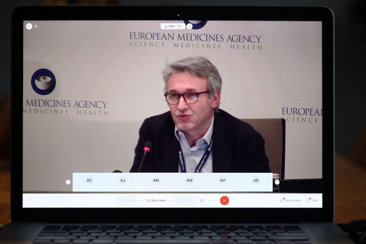 A screengrab from a laptop shows Marco Cavaleri, head of Biological Health Threats and Vaccines Strategy, speaking during an online press conference in Amsterdam on Dec. 21, 2020. (Pieter Stam de Jonge/ANP/AFP via Getty Images)