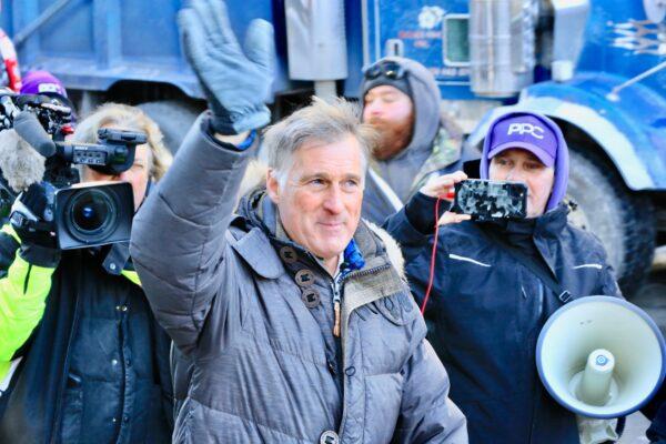 People's Party of Canada Leader and former cabinet minister Maxime Bernier takes part in the trucker protest against COVID-19 mandates and restrictions on Parliament Hill in Ottawa on Jan. 29, 2022. (Jonathan Ren/The Epoch Times)