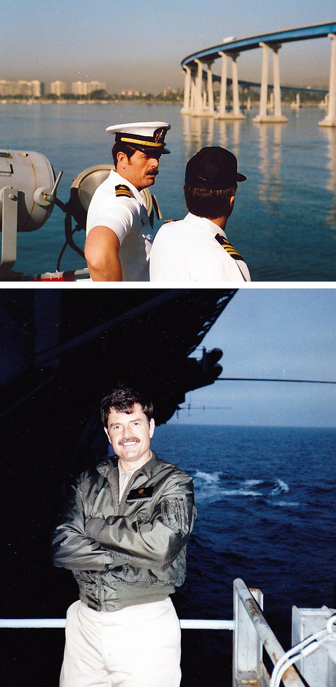 (Top) Lieutenant Commander Thomas E. Caldwell aboard the guided-missile cruiser USS Bunker Hill (CG 62) as it leaves San Diego in 1989. (Below) Caldwell aboard the aircraft carrier USS Nimitz (CVN 68). (Courtesy of Sharon Caldwell)