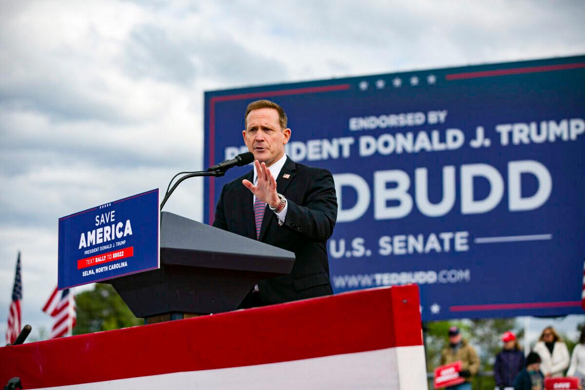 Ted Budd, who is running for U.S. Senate, speaks before a rally for former U.S. President Donald Trump in Selma, North Carolina, on April 9, 2022. (Allison Joyce/Getty Images)