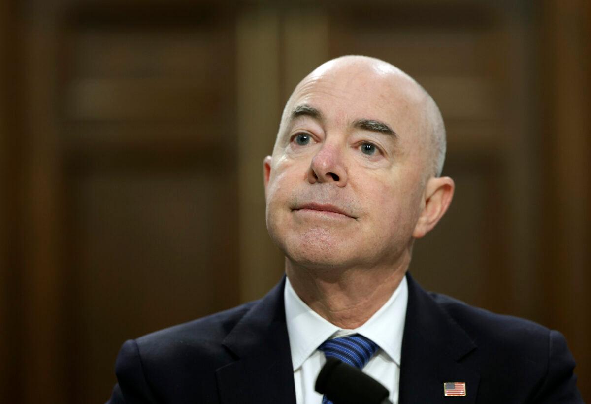 Homeland Security Secretary Alejandro Mayorkas testifies before a House Appropriations Subcommittee in Washington, on April 27, 2022. (Kevin Dietsch/Getty Images)