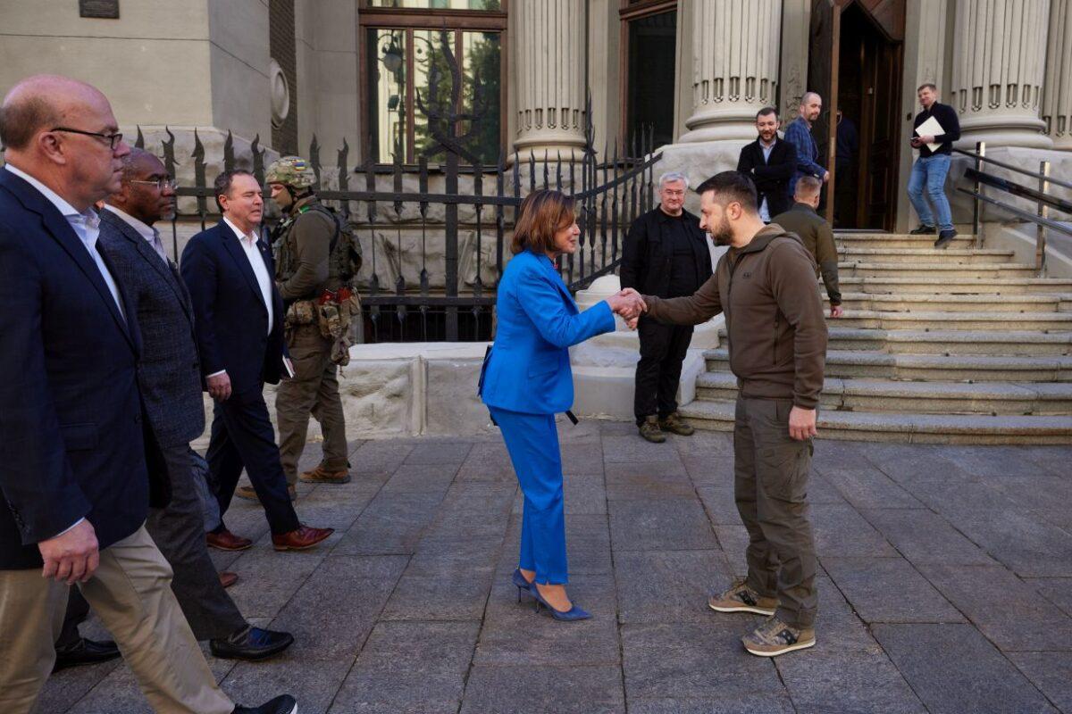 Ukrainian President Volodymyr Zelenskyy meets U.S. Speaker of the House Nancy Pelosi during a visit by a U.S. congressional delegation in Kyiv, Ukraine, on April 30, 2022. (Ukrainian Presidential Press Office/Handout via Getty Images)