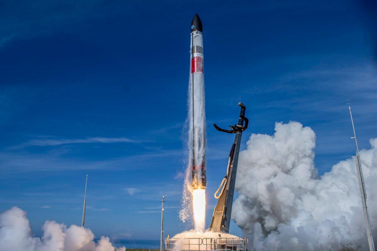 In this image supplied by Rocket Lab, the Electron rocket blasts off for its "There And Back Again" mission from its launch pad on the Mahia Peninsula, New Zealand, on May 3, 2022. The California-based company regularly launches 18-meter (59-foot) rockets from the remote Mahia Peninsula in New Zealand to deliver satellites into space. (Rocket Lab via AP)