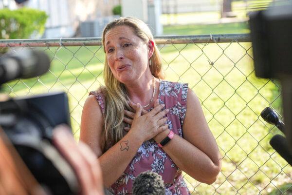 Dawn Poitevent speaks to media after the first public meeting held by the Uvalde Consolidated Independent School District since the May 24 mass shooting at an elementary school, in Uvalde, Texas, on June 3, 2022. (Charlotte Cuthbertson/The Epoch Times)