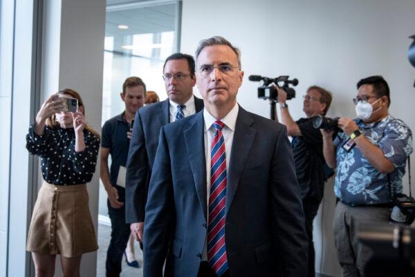 Pat Cipollone, former White House counsel to President Trump, exits a conference room during a break in his interview at the Thomas P. O'Neill Jr. House Office Building on July 8, 2022. (Drew Angerer/Getty Images)