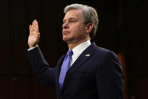 FBI Director Christopher Wray is sworn in during a hearing before the Senate Judiciary Committee at Hart Senate Office Building on Capitol Hill on Aug. 4, 2022. (Alex Wong/Getty Images)