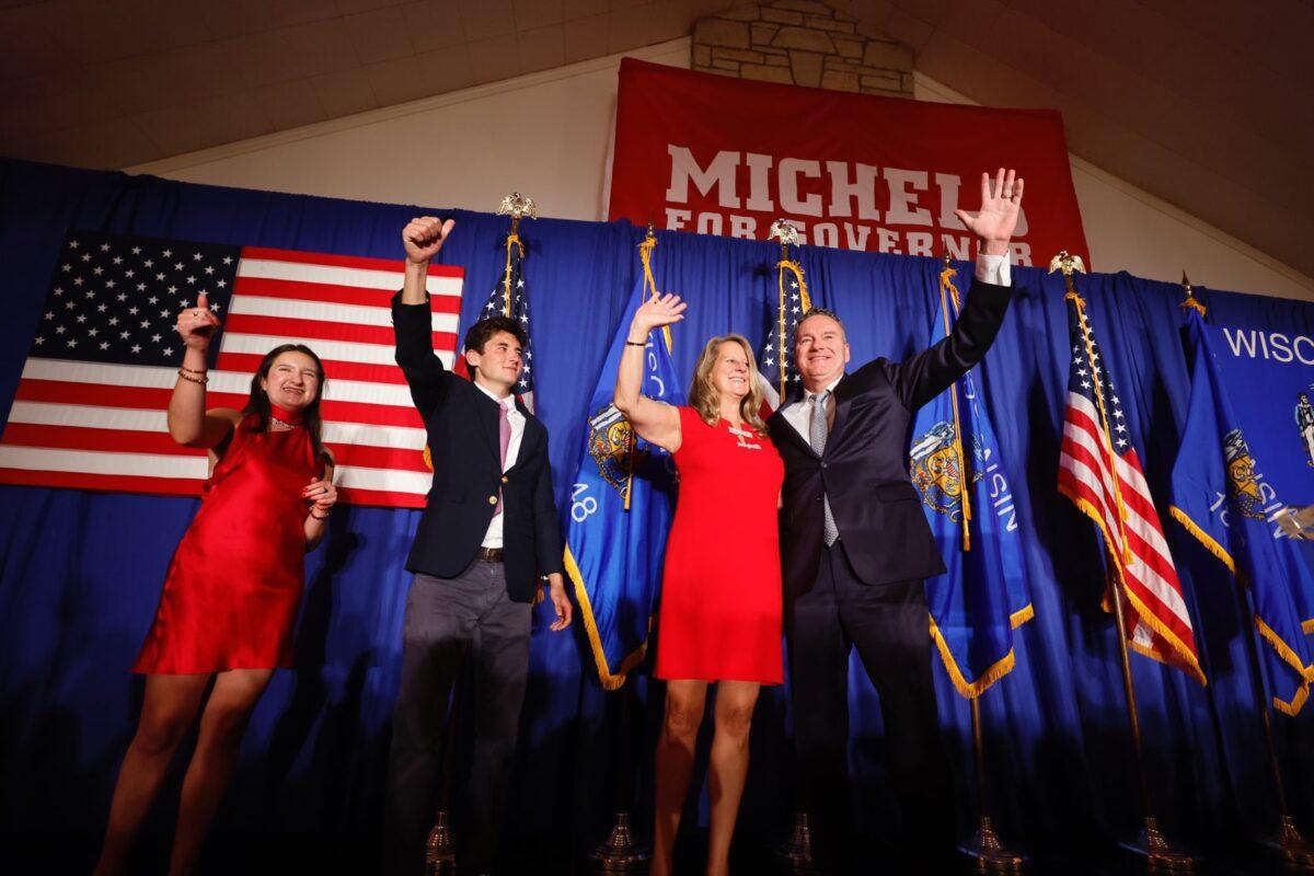 Tim Michels and his family greet supporters after winning the Aug. 9 Wisconsin Republican gubernatorial primary. (Courtesy of Tim Michels for Congress)