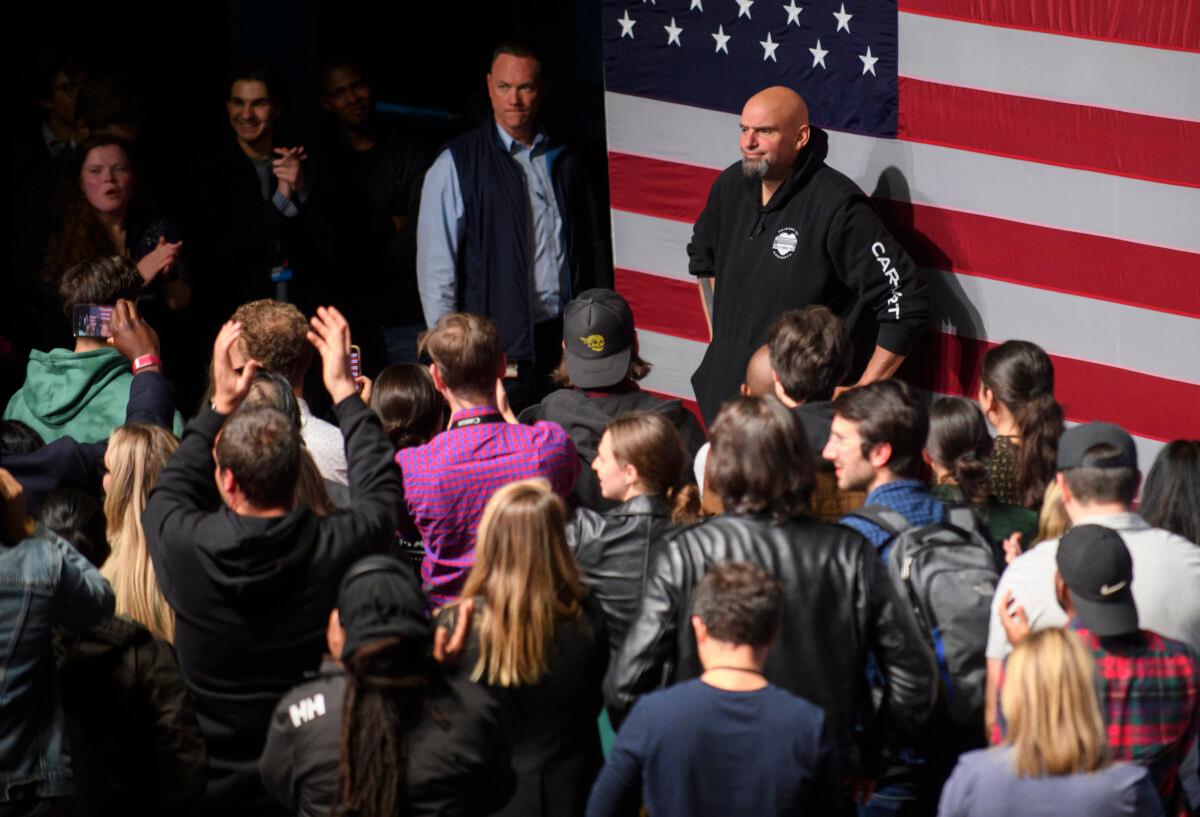 Democratic Senate candidate John Fetterman speaks to supporters during an election night party in Pittsburgh, Pennsylvania, on Nov. 9, 2022. (Jeff Swensen/Getty Images)