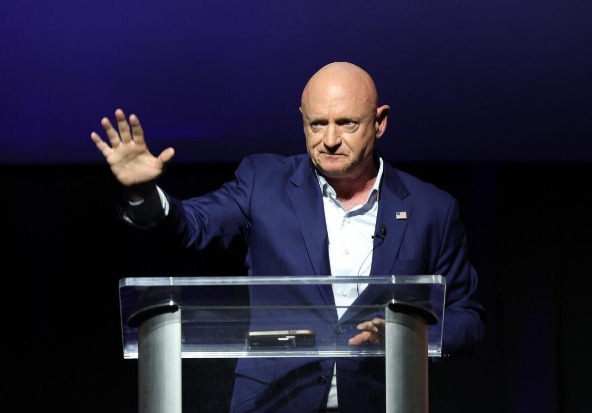 Sen. Mark Kelly (D-AZ) delivers remarks to supporters at his election night rally at the Rialto Theatre in Tucson, Arizona, on Nov. 08, 2022. (Kevin Dietsch/Getty Images)
