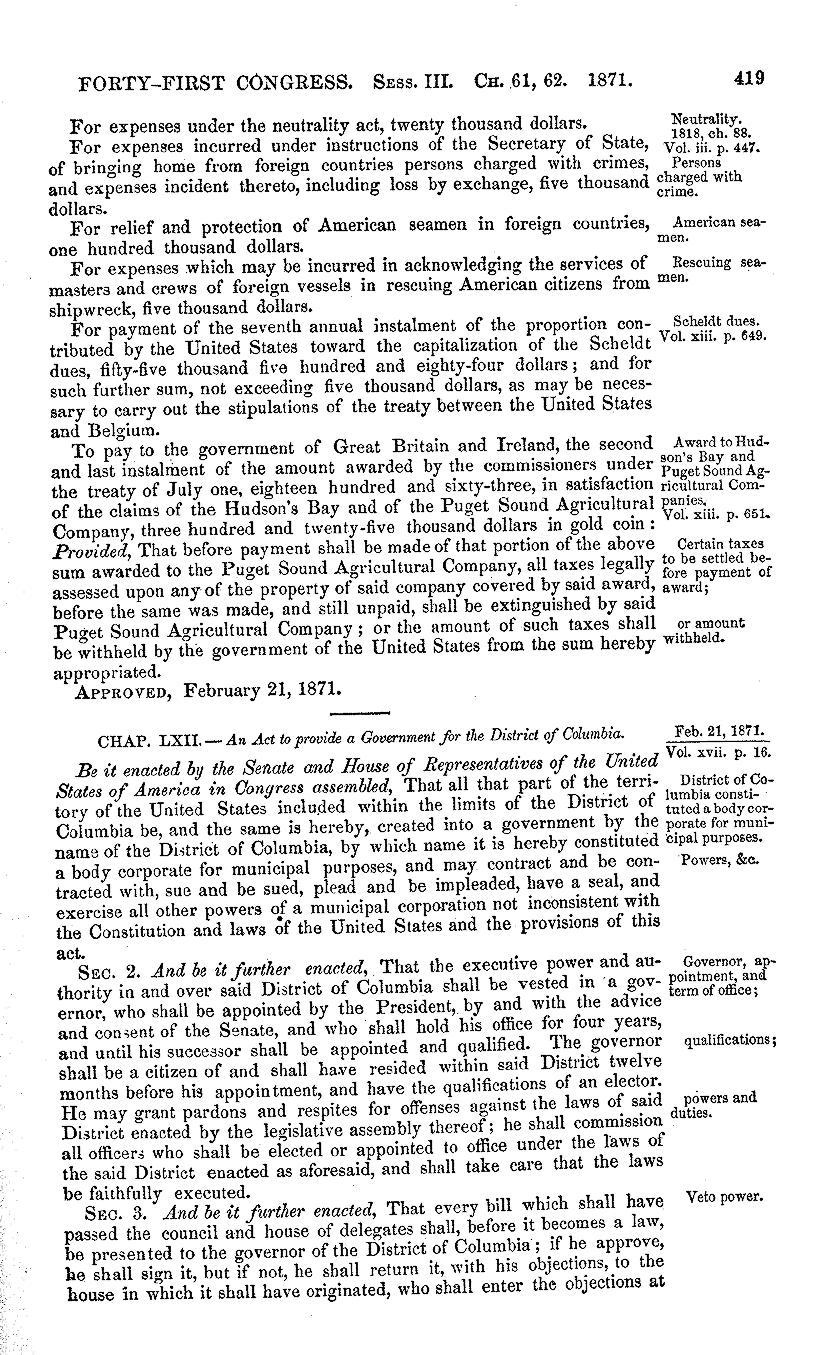 <a href="https://www.loc.gov/resource/llsalvol.llsal_016/?sp=455&st=image">Image 455 of U.S. Statutes at Large, Volume 16 (1869-1871), 41st Congress. U.S. Statutes at Large, Volume 16 (1869-1871), 41st Congress. Library of Congress. (Public Domain)</a>
