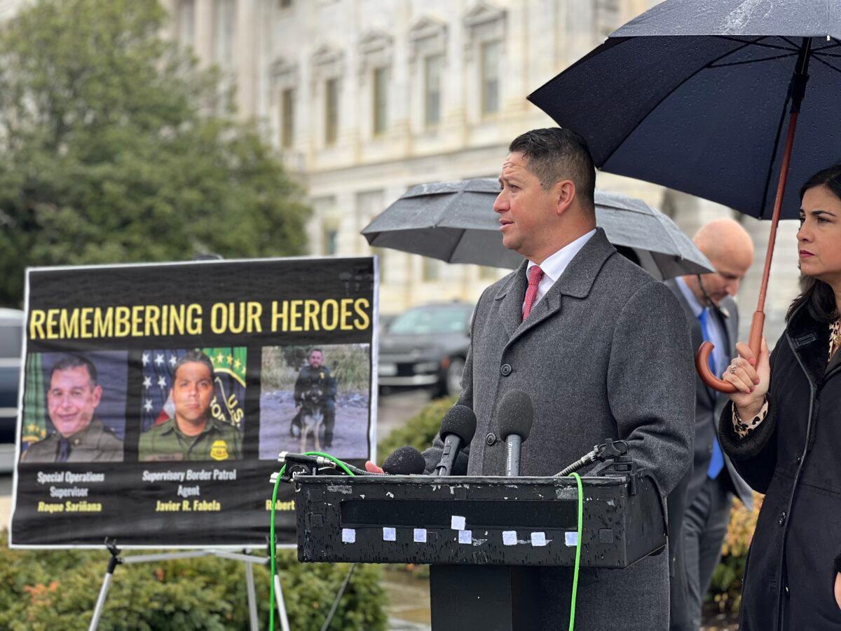 Congressman Tony Gonzales (R-Texas) spoke at the bipartisan meeting about border patrol suicide rates at the House Triangle in Washington on Dec. 7, 2022. (Madalina Vasiliu/The Epoch Times)