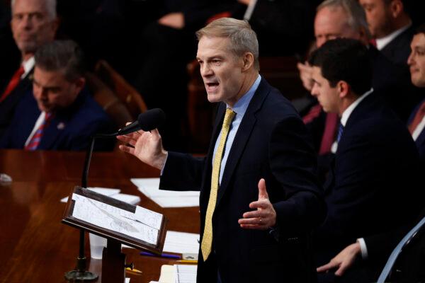 Rep. Jim Jordan (R-Ohio) nominates House Minority Leader Kevin McCarthy (R-Calif.) for Speaker of the House of the 118th Congress during a speech in the House Chamber of the U.S. Capitol Building in Washington on Jan. 3, 2023. (Chip Somodevilla/Getty Images)