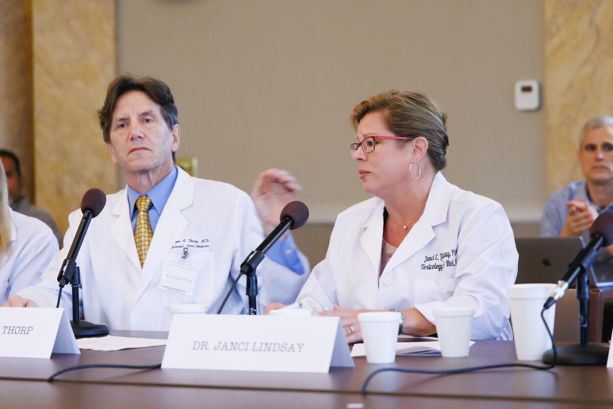 Dr. James Thorp and molecular biologist Janci Lindsay address COVID-19 vaccine adverse events in pregnant women and infants at a round table discussion at the Mississippi Capitol in Jackson, Miss., on Feb. 27, 2023. (Courtesy of Charlotte Stringer Photography)