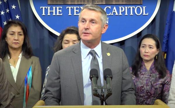 Texas state Rep. Tom Oliverson speaks at a press conference in Austin, Texas, on March 29, 2023, in a still from a video. (The Epoch Times)