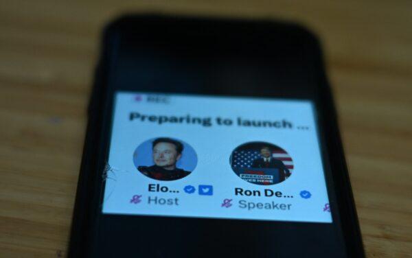 This illustration photo shows the live Twitter talk between Elon Musk and Ron DeSantis displayed on a phone in Bethesda, Md., on May 24, 2023. (PEDRO UGARTE/AFP via Getty Images)