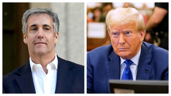 (Left) Former President Donald Trump's former attorney Michael Cohen leaves the New York State Supreme Court after testifying at Trump's fraud trial in New York City on Oct. 25, 2023. (Timothy A. Clary/AFP via Getty Images); (Right) Former President Donald Trump sits in court during his civil fraud trial at New York State Supreme Court in New York City on Oct. 25, 2023. (Seth Wenig-Pool/Getty Images)