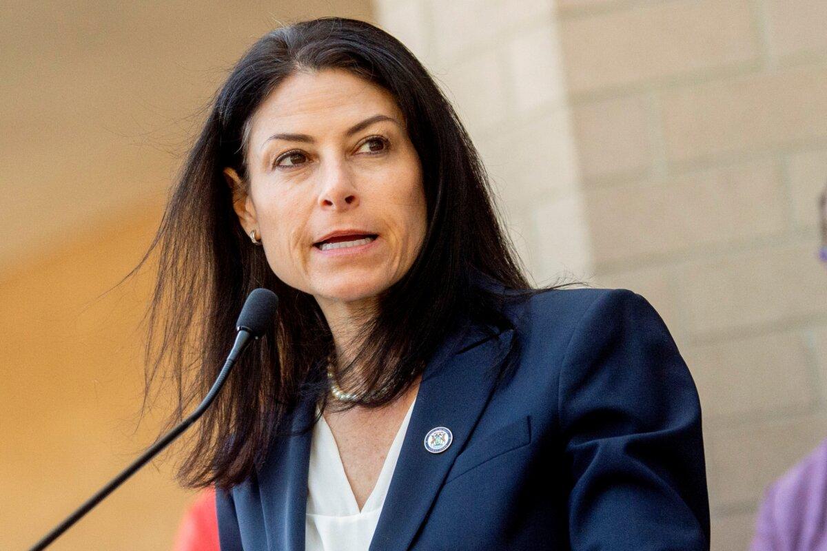 Michigan Attorney General Dana Nessel speaks during a news conference outside of the Genesee County Sheriff's Office in Flint, Mich., on Sept. 19, 2022. (Jake May/The Flint Journal via AP)
