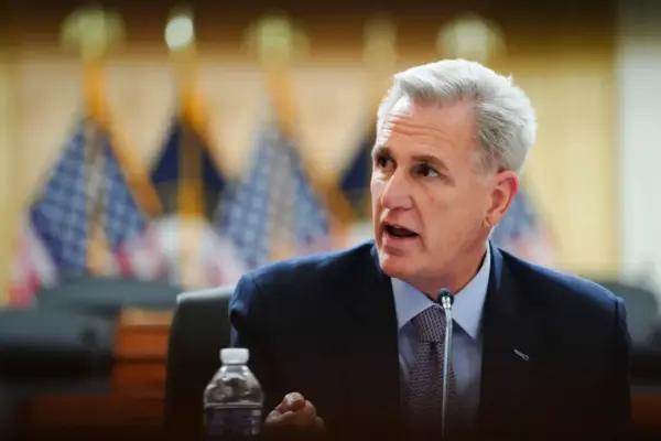 Rep. Kevin McCarthy (R-Calif.) speaks during a press conference unveiling the results of the Select Committee on the Chinese Communist Party (CCP) investigation into the biolab discovered in Reedley, Calif., in Washington on Nov. 15, 2023. (Madalina Vasiliu/The Epoch Times)