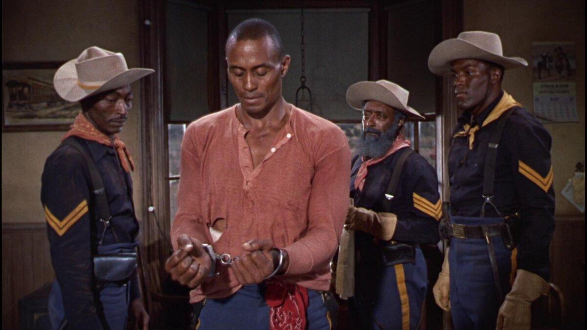 Sgt. Braxton Rutledge (Woody Strode, 2nd left) faces court martial, in "Sergeant Rutledge." (Warner Bros.)